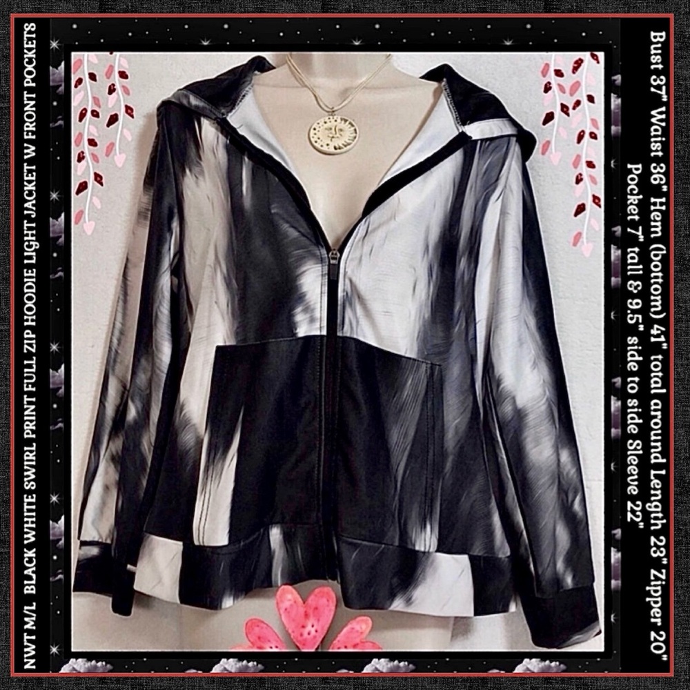 LILY BY FIRMIANA NEW NWT M/L BLACK WHITE SWIRL PRINT FULLZIP HOODIE LIGHT JACKET